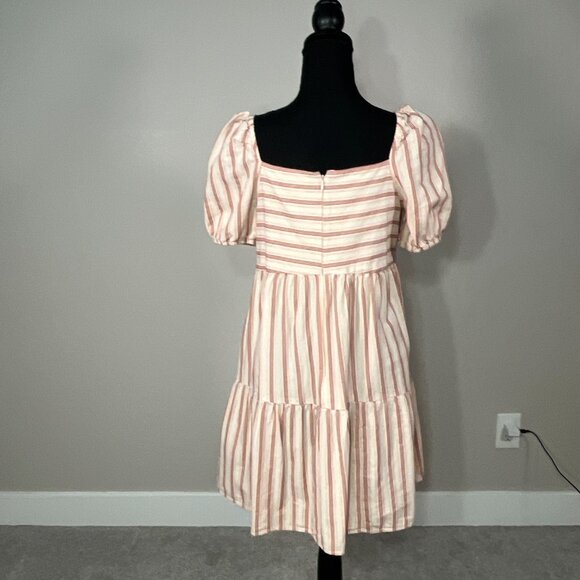 Loft Puff Sleeve Mini Dress Womens 4 Square Neck Cottage Babydoll Striped Tiered - Picture 4 of 9